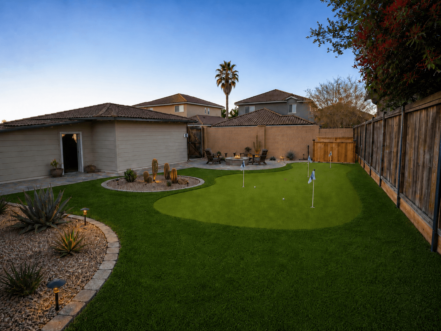 After — finished backyard putting green with fringe — East Valley, AZ