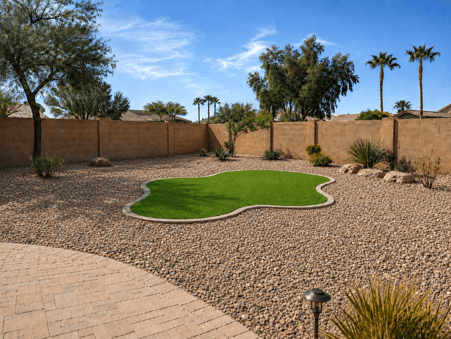 After — completed full-yard decorative rock landscaping — Phoenix, AZ