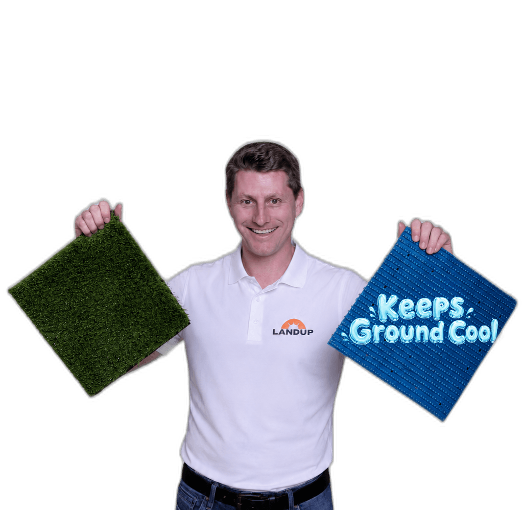 LandUp crew member holding pet turf and kid turf samples
