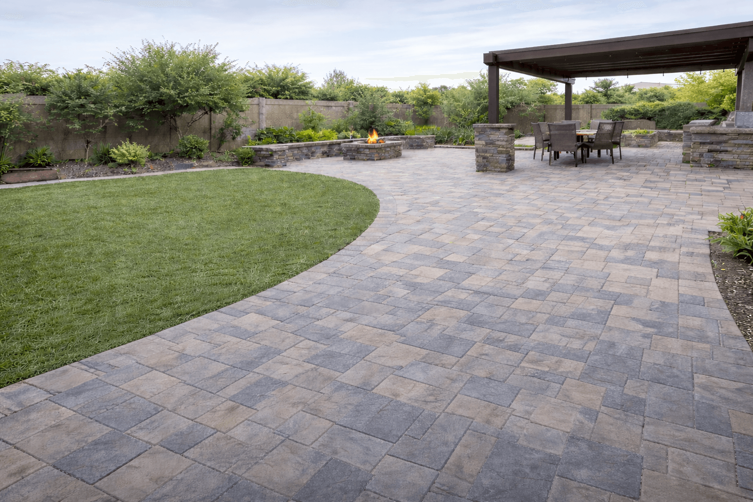 Completed paver patio with fire pit — LandUp Outdoor Living, Phoenix AZ
